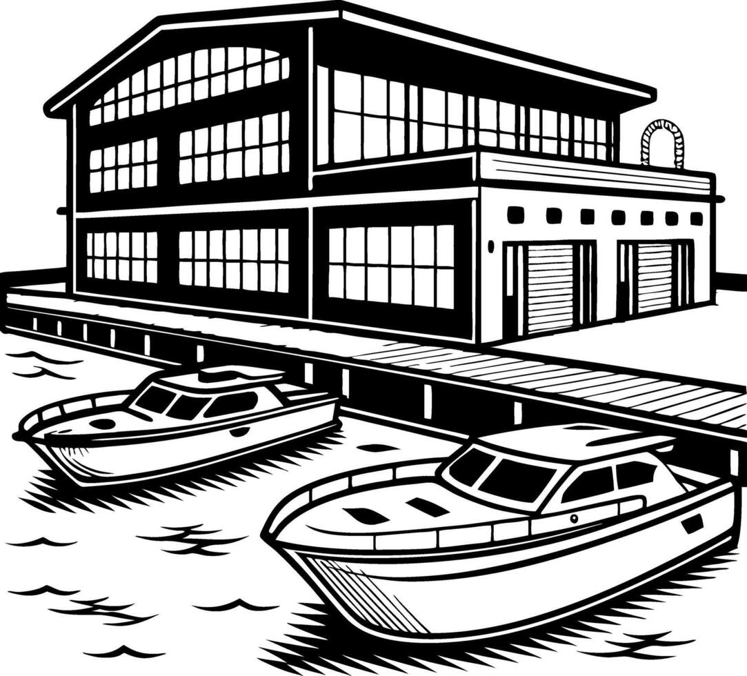 Modern Marina with Boats and Boathouse Illustration for Design Projects vector