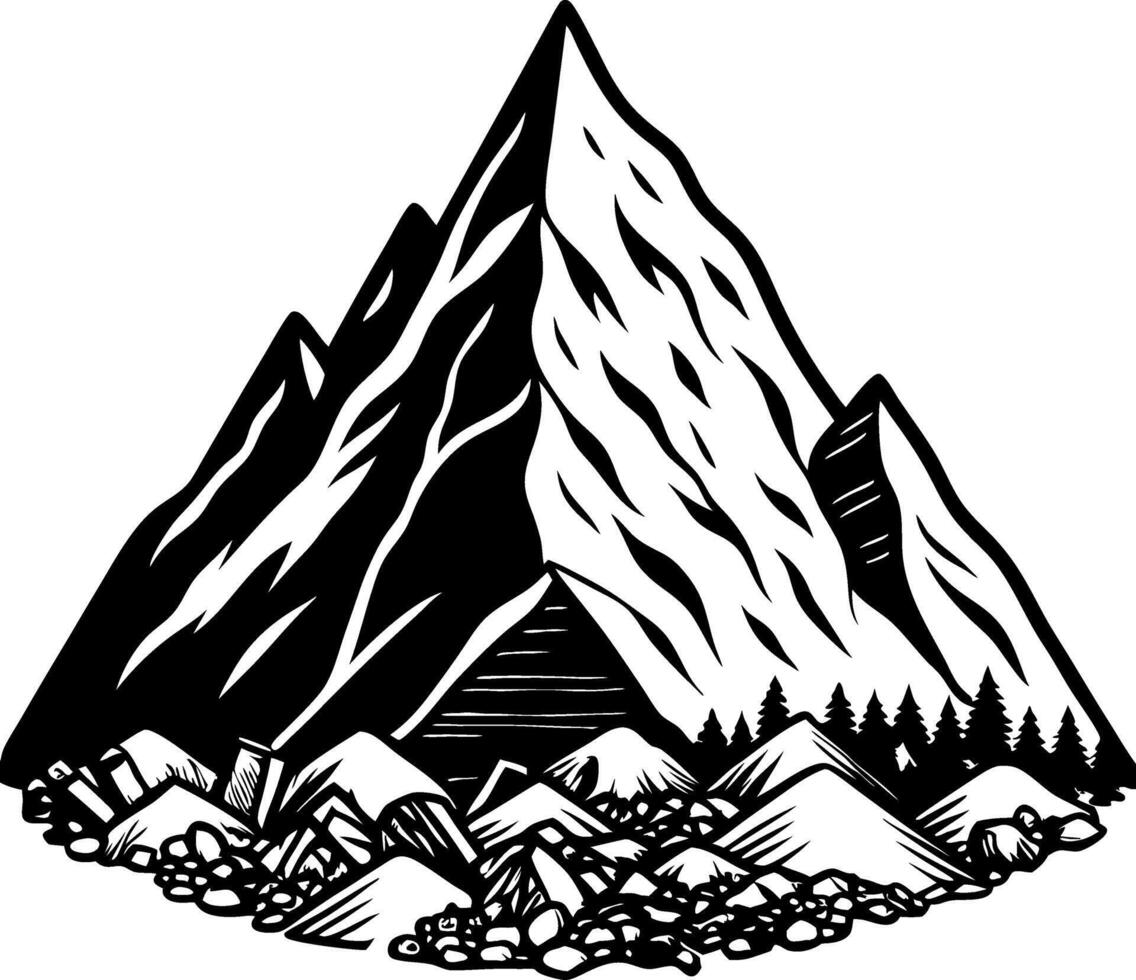 Majestic Mountain Landscape with Pine Trees Detailed Black and White Illustration vector
