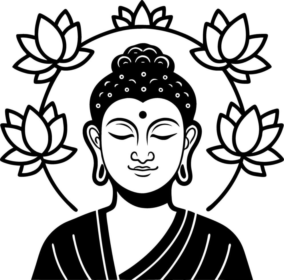 Elegant Buddha Face Surrounded by Lotus Flowers Black and White Illustration for Spiritual Art vector