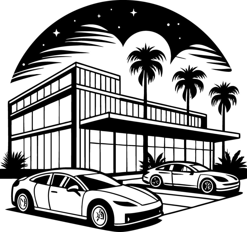 Modern Architectural Design with Luxury Cars and Palm Trees Under Starry Night Sky vector
