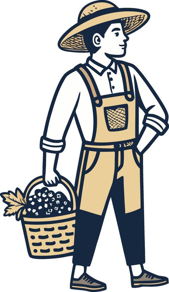 Farmer Holding Harvest Basket Wearing Straw Hat and Overalls for Agriculture and Nature Themes vector