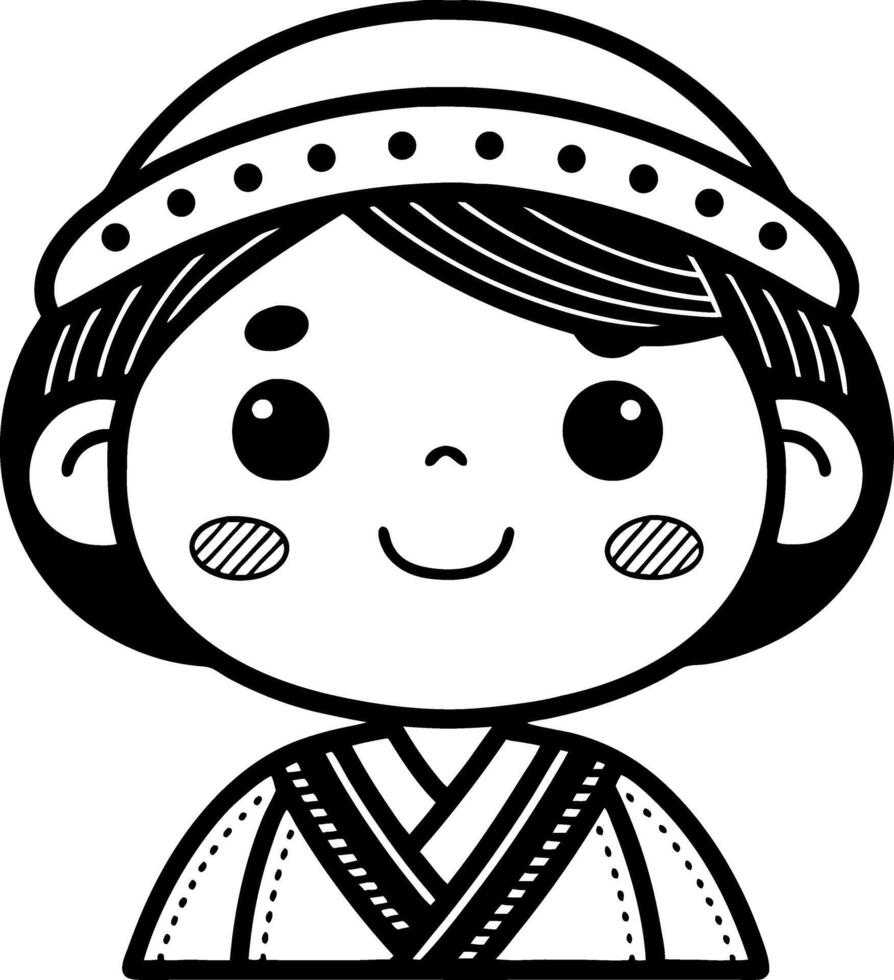 Cute Asian Child Character in Traditional Costume for Coloring Book and Tattoo Design vector
