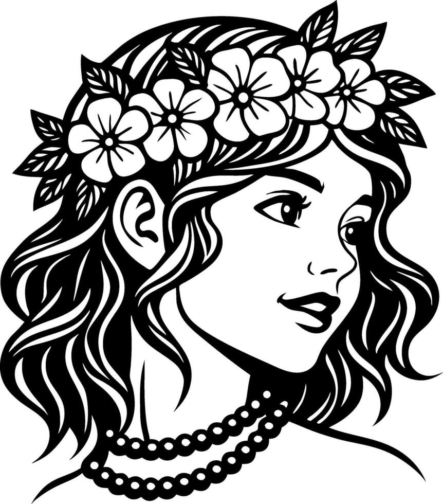 Charming Floral Girl Portrait with Pearls Ideal for Tattoo and Coloring Book Designs vector