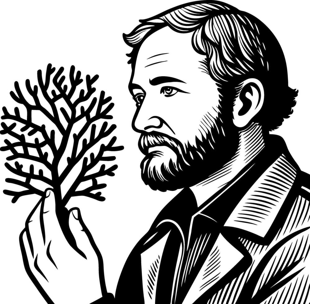 Man Holding Coral Branch Vintage Illustration for Nature Conservation and Eco Awareness vector