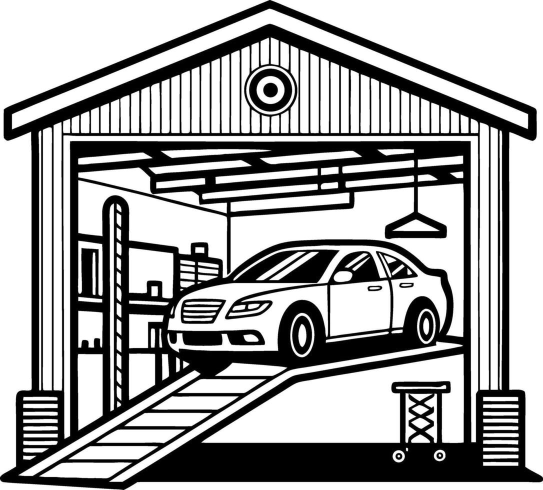 Detailed Illustration of Car in Garage with Ramp and Workshop Features for Custom Projects vector