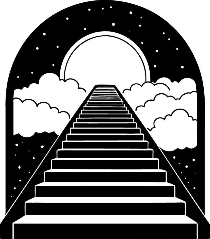 Stairs Leading to a Bright Moon in a Starry Sky with Clouds Symbolizing Ascension vector