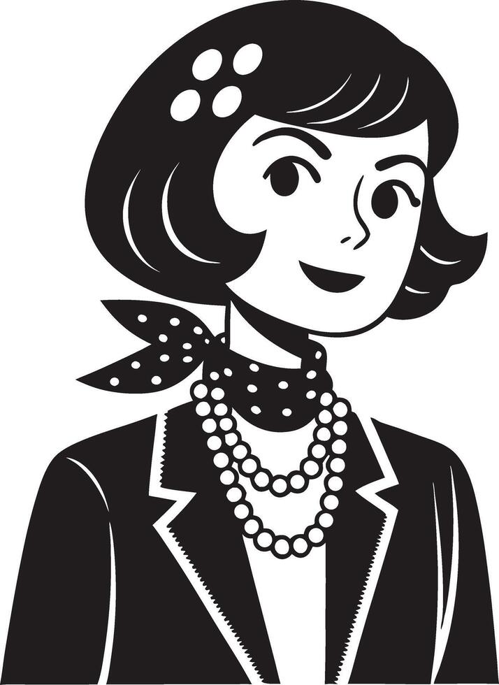 Vintage Fashionable Woman Illustration with Polka Dot Scarf and Pearl Necklaces for Design vector