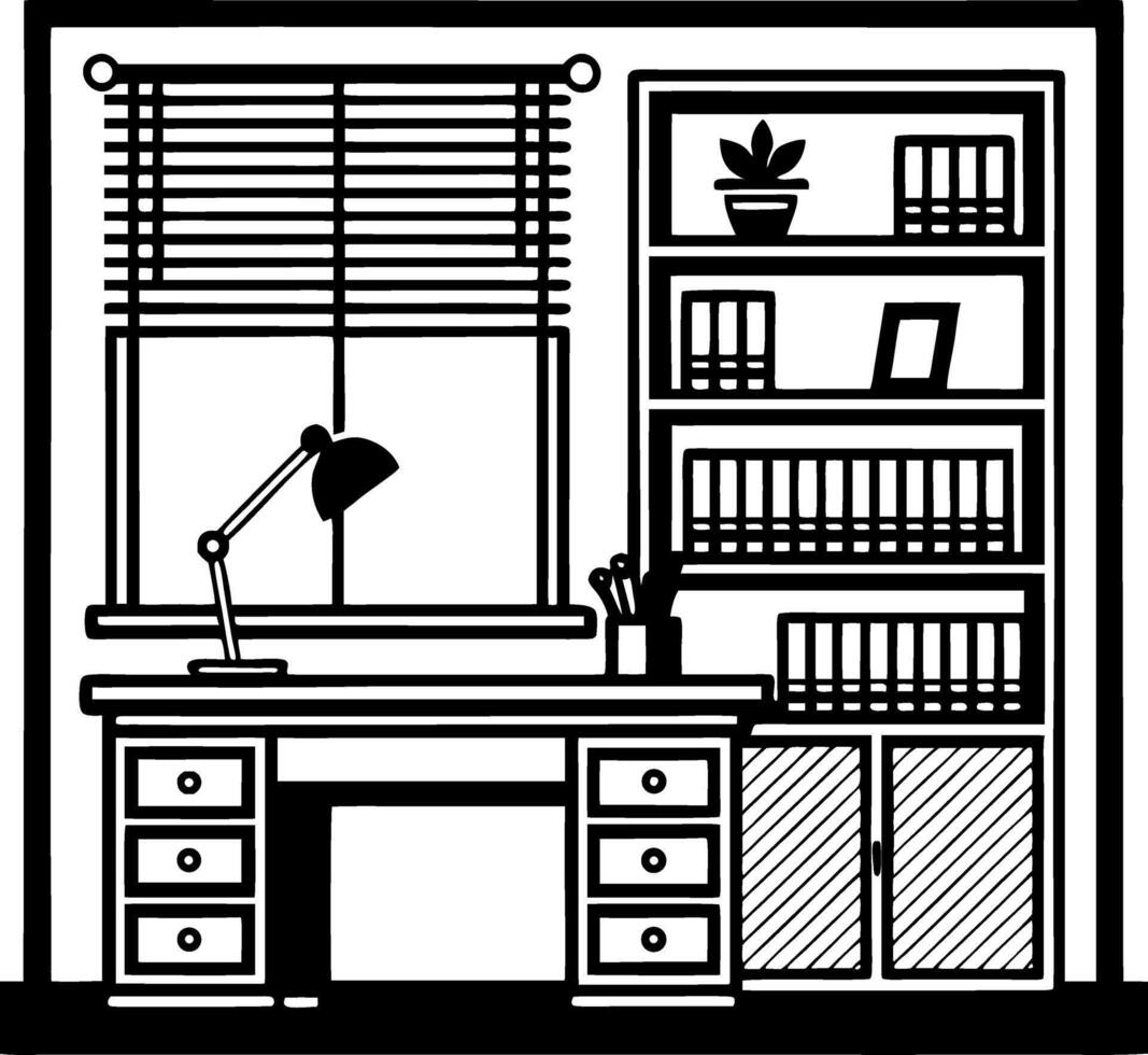 Home Office Workspace Illustration Featuring Desk Lamp Shelves and Indoor Plant Design vector
