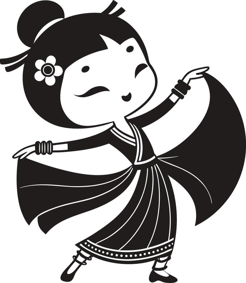 Charming Girl in Traditional Dress Dancing with Joyful Expression for Kids Coloring Book vector