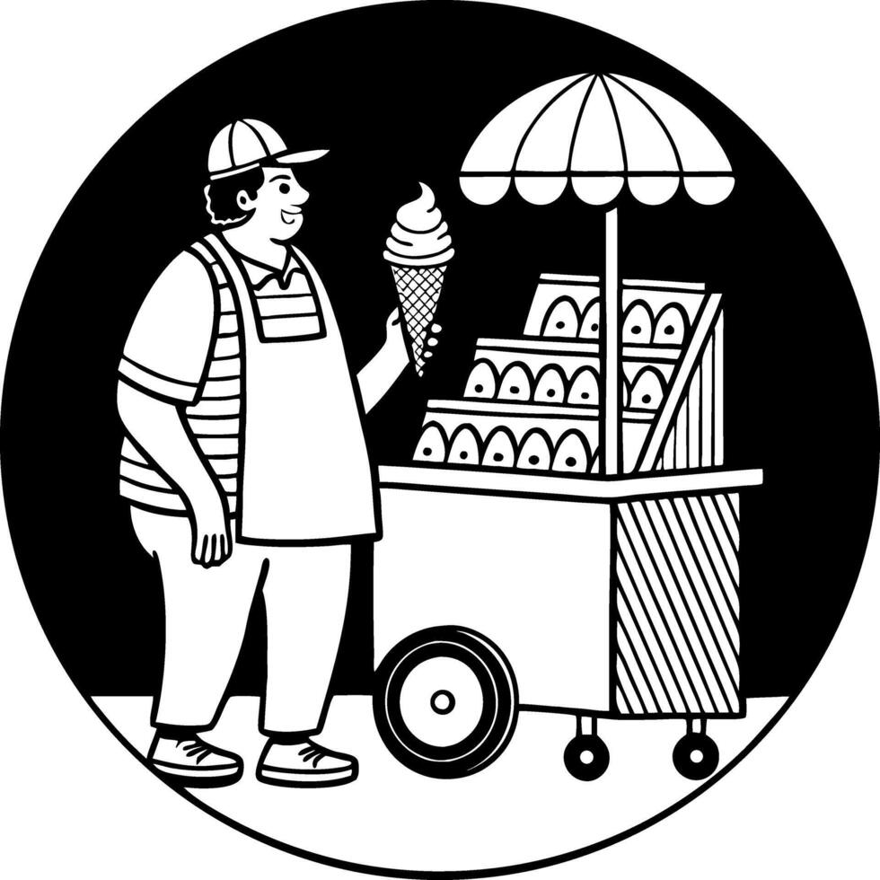Ice Cream Vendor with Cone and Cart Cartoon Style Illustration Perfect for Coloring Books vector