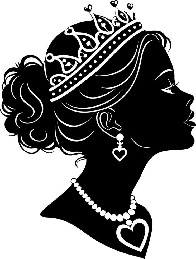 Elegant Black Silhouette of a Princess with Crown Jewelry and Heart Accessories vector