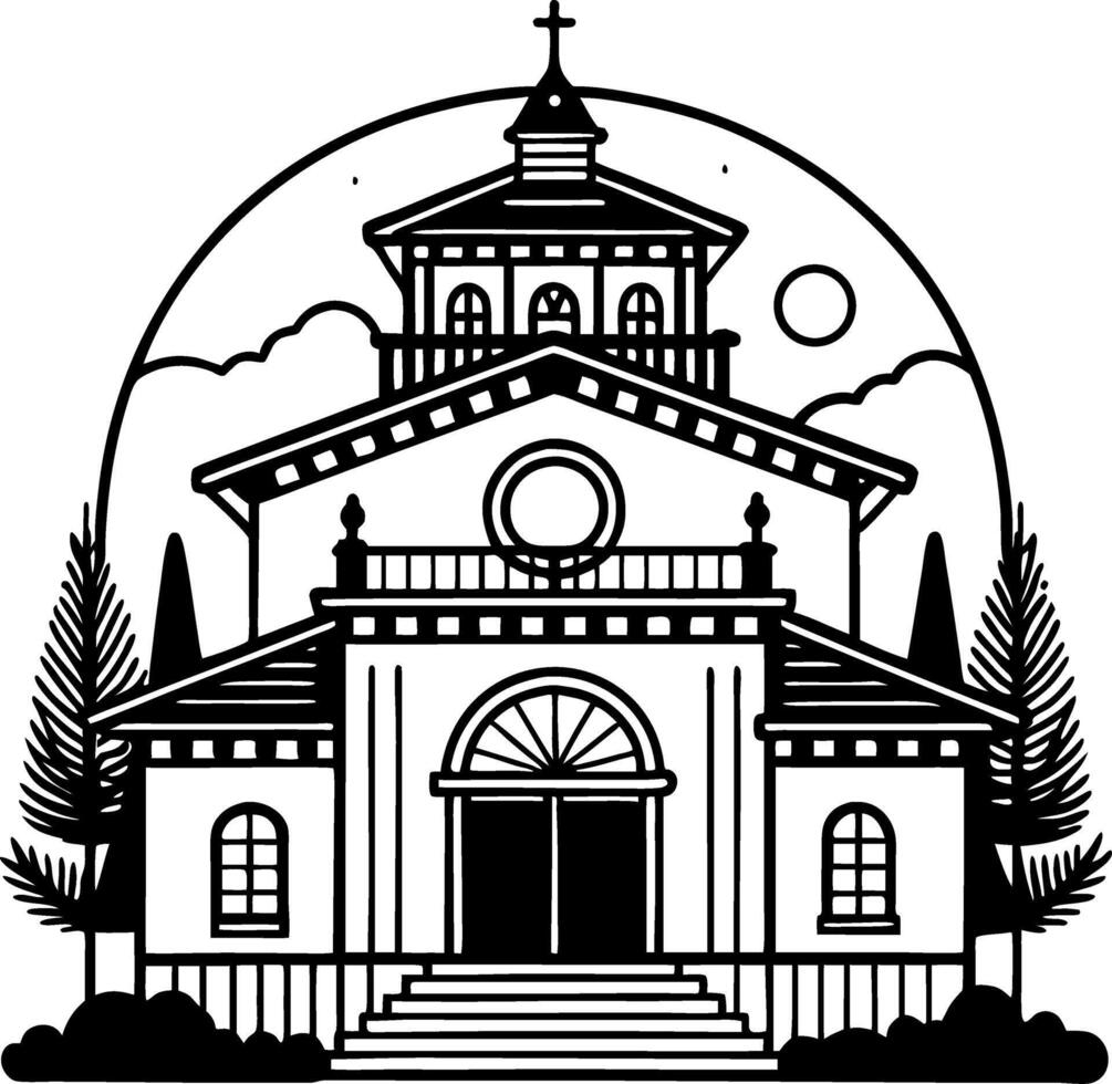 Detailed Black and White Illustration of a Grand Church Surrounded by Trees and Mountains vector