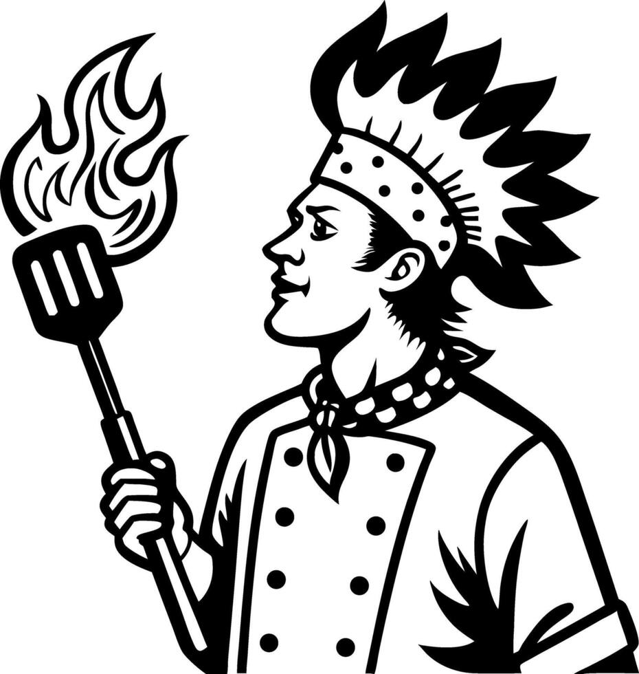 Creative Chef with Flames Spatula Ideal for Restaurant Branding and Cooking Themes vector