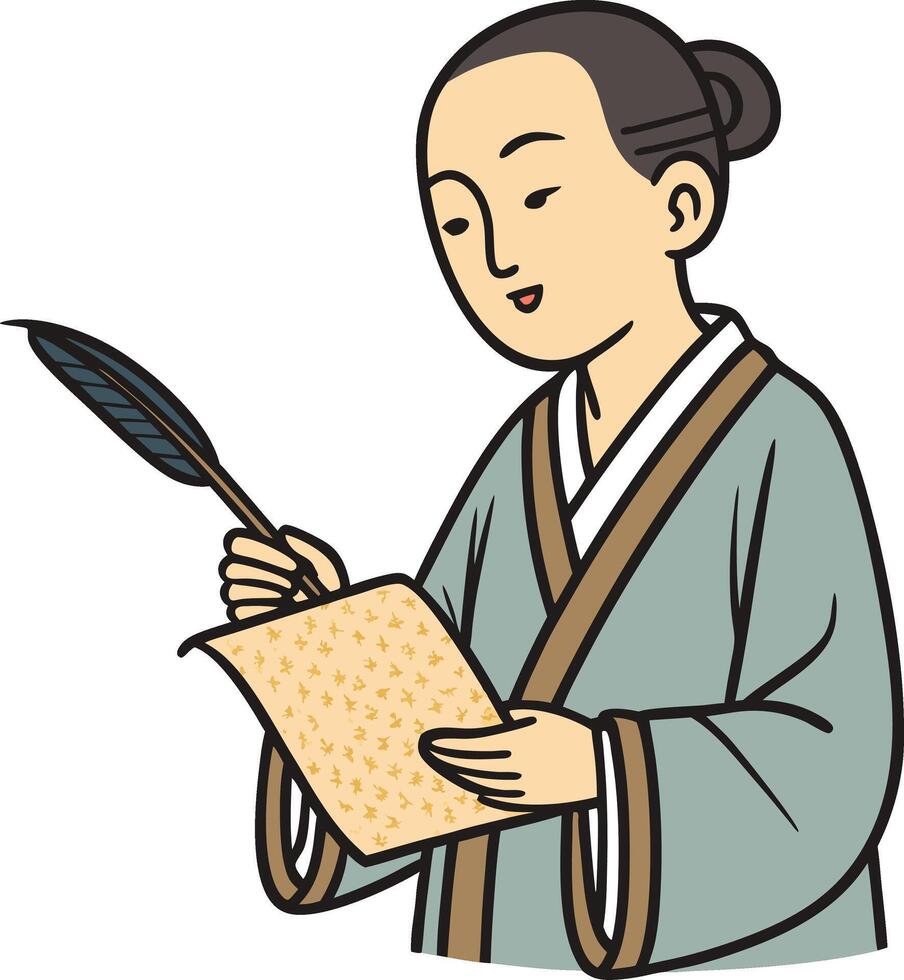 Elegant Woman Writing with Feather Quill in Traditional Attire on Decorative Paper vector