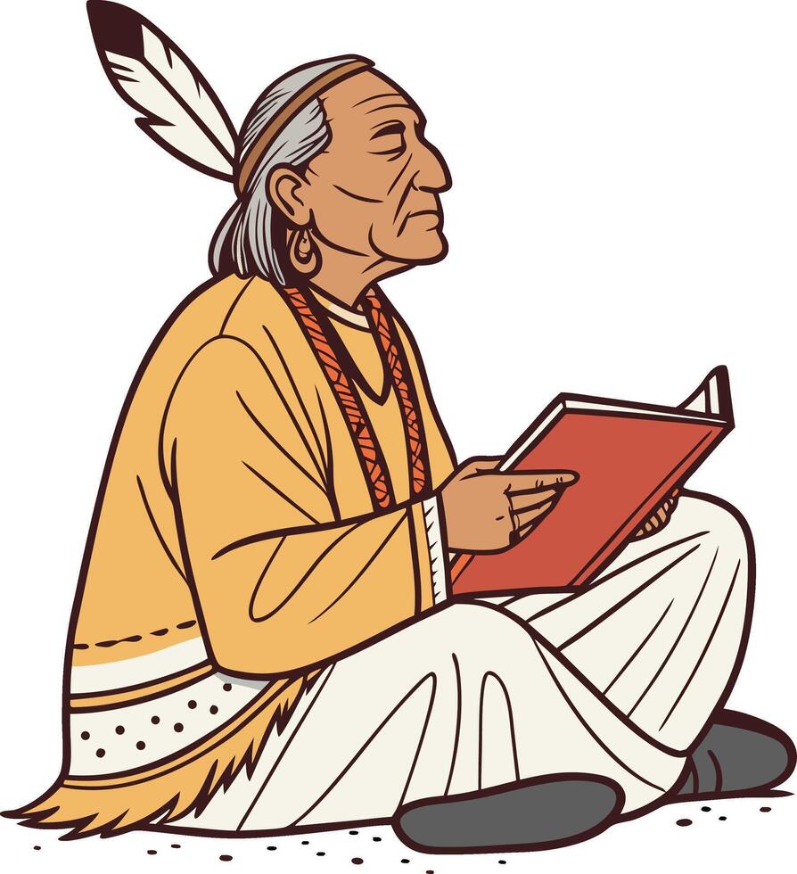 Elder Native American Man Reading Book with Feathered Headdress Traditional Attire Illustration vector