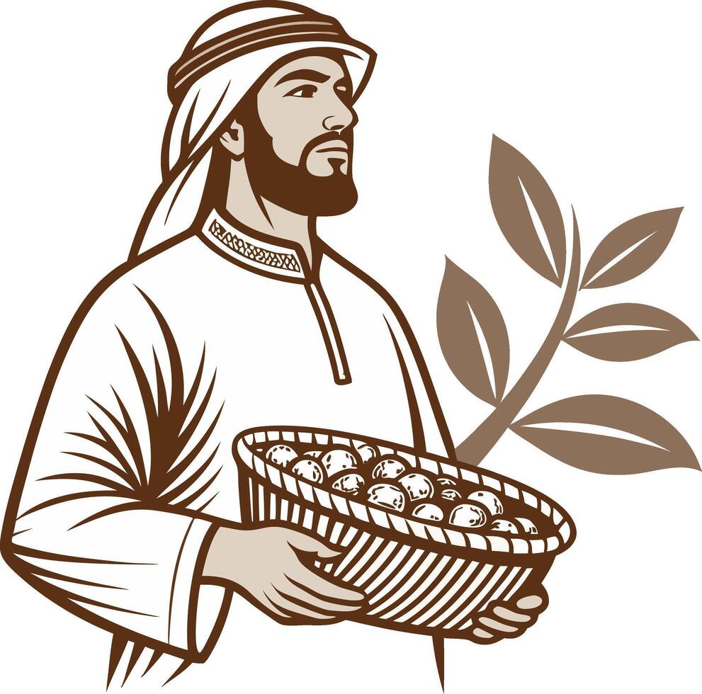Arab Man Holding Basket of Dates with Leafy Design for Cultural and Culinary Illustrations vector