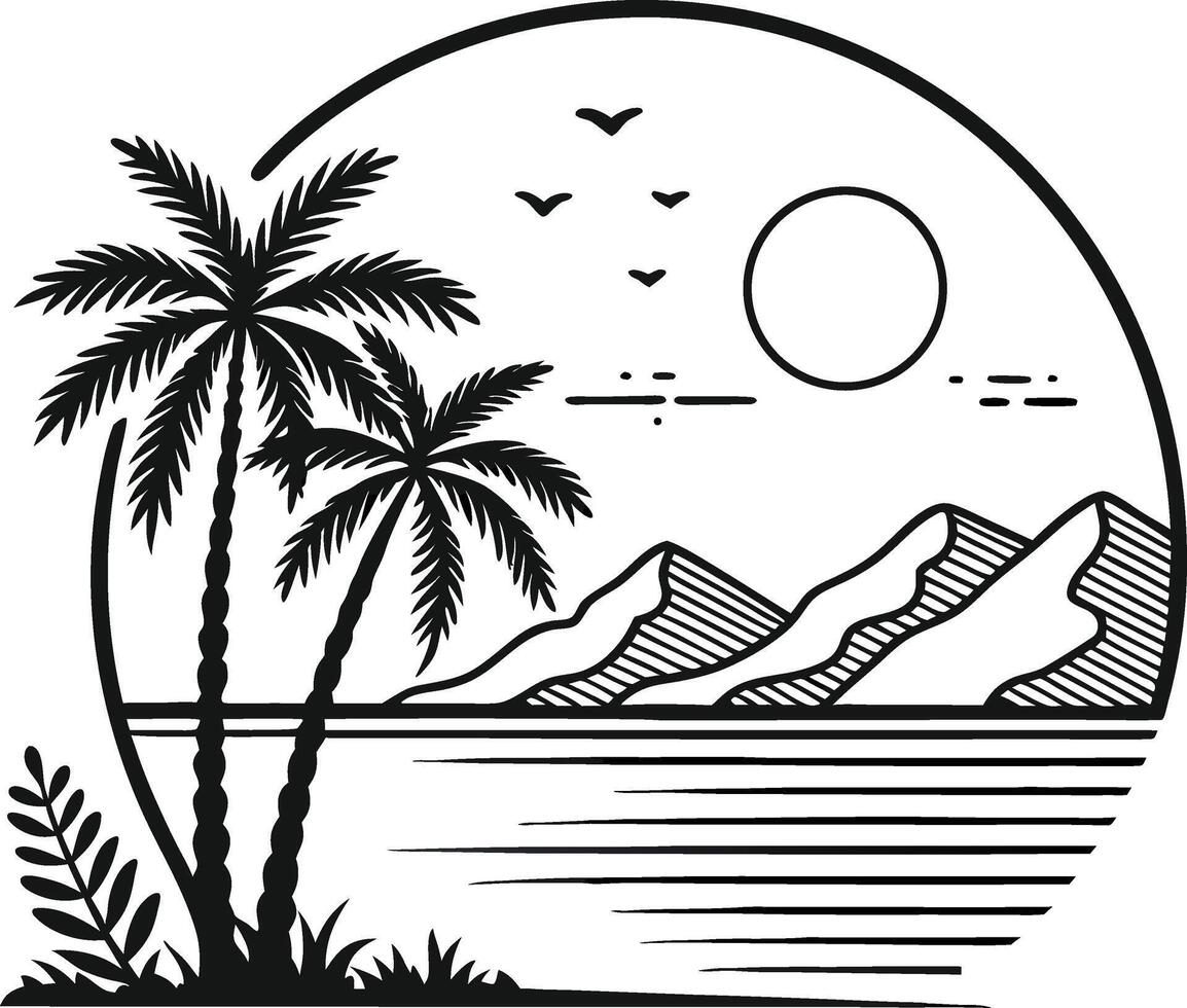 Tropical Paradise Landscape with Palm Trees Mountains and Sun in Minimalist Style vector
