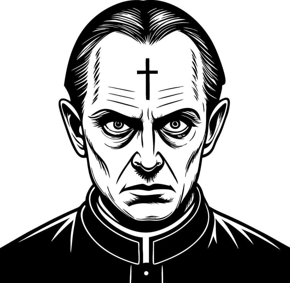 Intense Priest Portrait with Cross Symbol for Tattoo Design and Illustrative Art vector