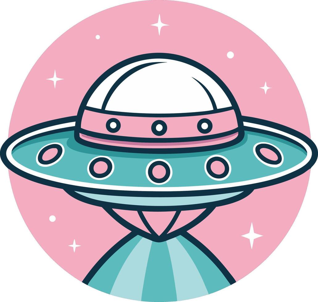 Retro UFO Spaceship in Pink Background Perfect for Childrens Illustrations and Tattoo Designs vector