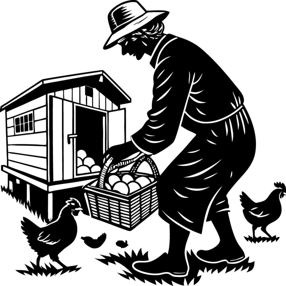 Farmer Collecting Fresh Eggs from Chicken Coop with Chickens on Grass vector