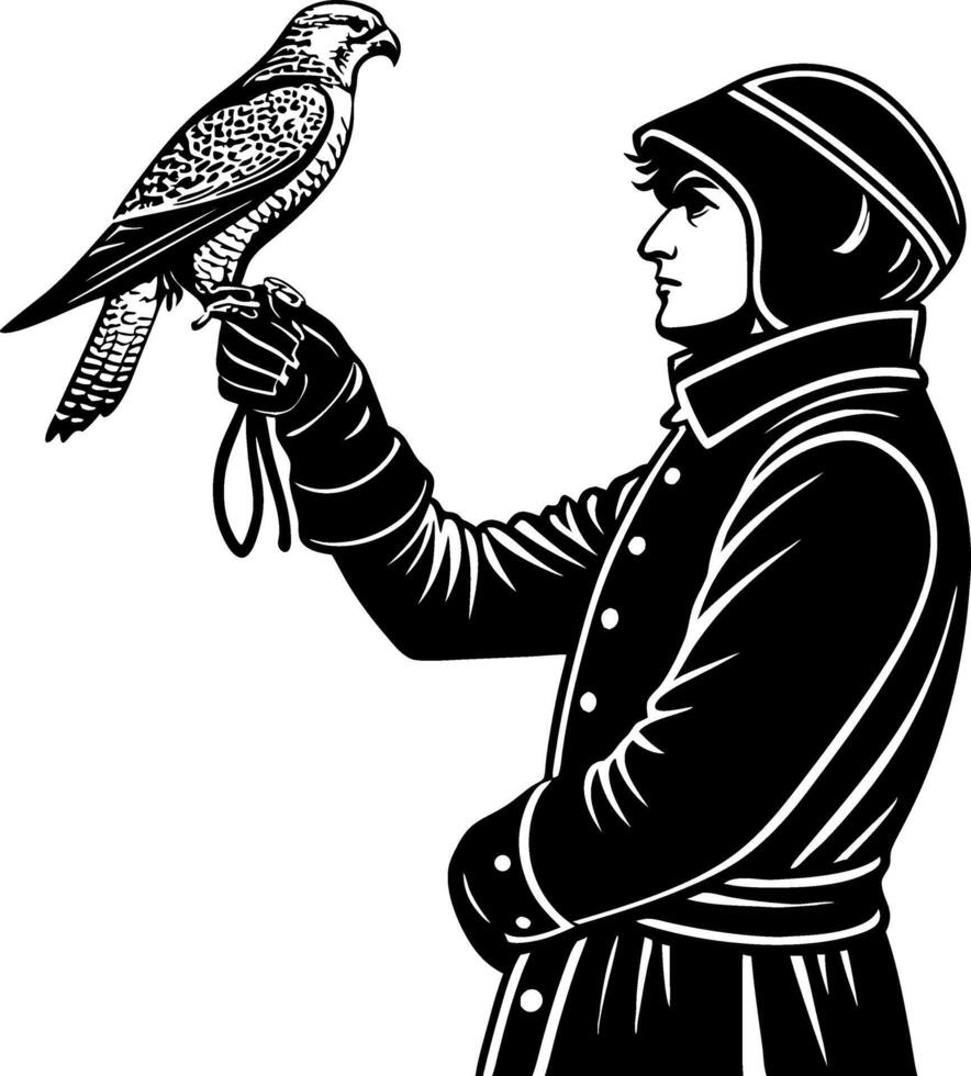 Falconer Holding Majestic Falcon in Traditional Attire for Hunting and Wildlife Illustration vector