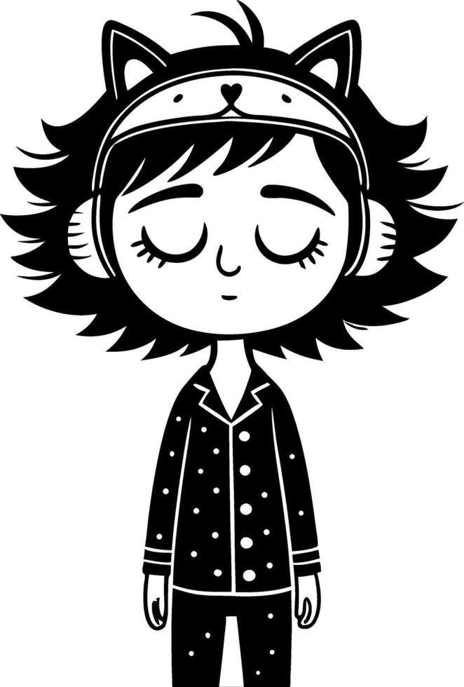 Cute Cartoon Girl in Pajamas with Cat Ears Headphones Relaxing for Home Decor and Coloring vector