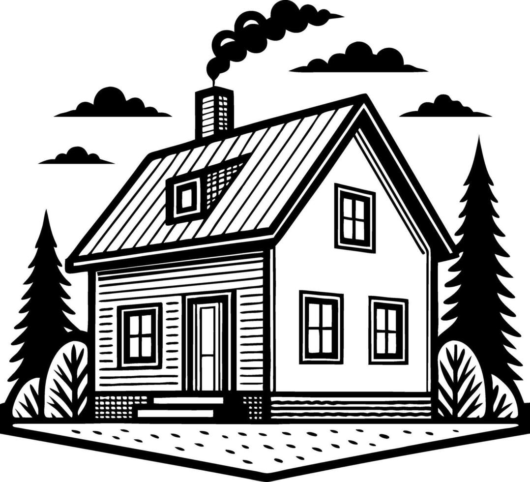 Cozy Rustic House Surrounded by Trees and Clouds Ideal for Home Decor and Coloring Projects vector