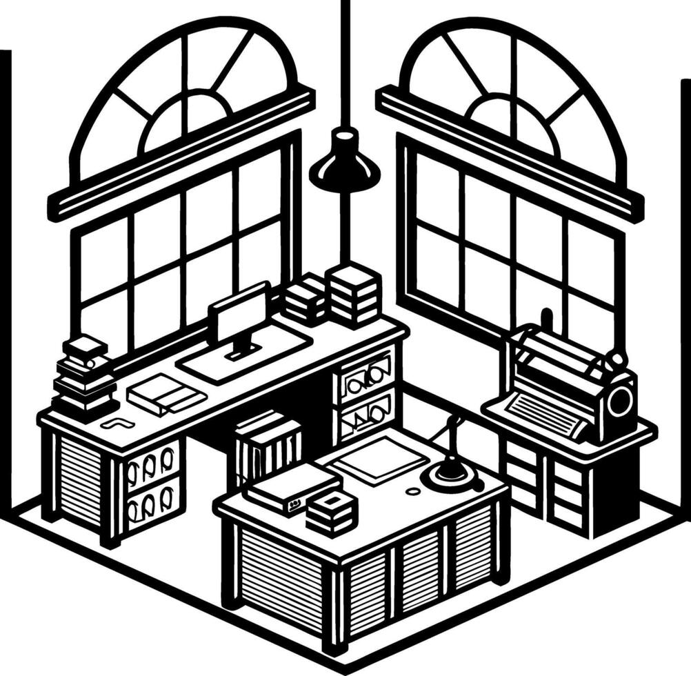 Isometric Art Studio Interior Design with Large Windows and Creative Workspace Layout vector