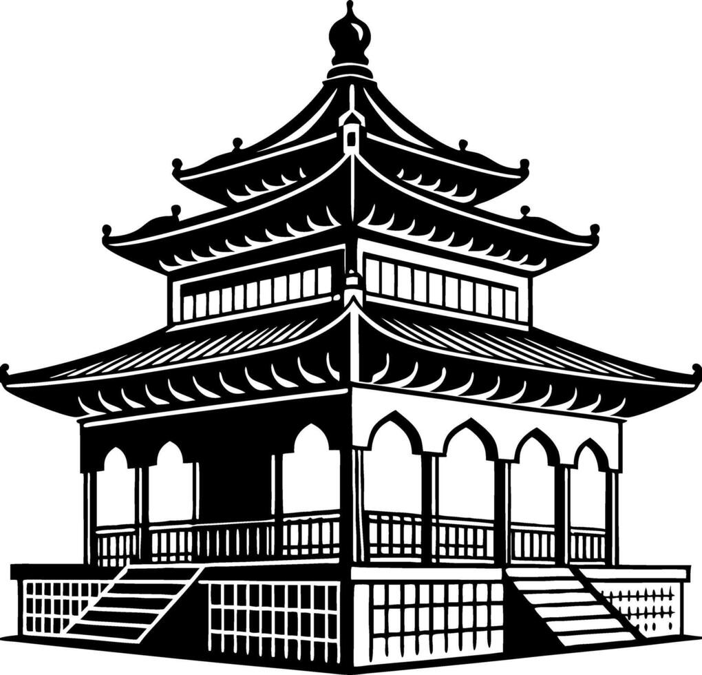 Elegant Chinese Pagoda with Traditional Architecture Ideal for Tattoo Design and Coloring Books vector