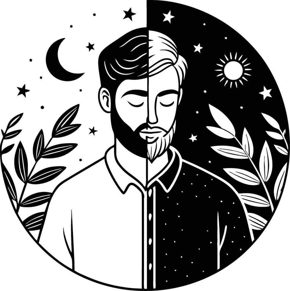 Duality of Light and Dark In Artistic Portrait of Man Surrounded by Nature Elements vector