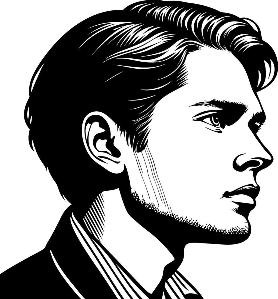 Stylized Profile Portrait of a Young Man in Black and White Illustration vector