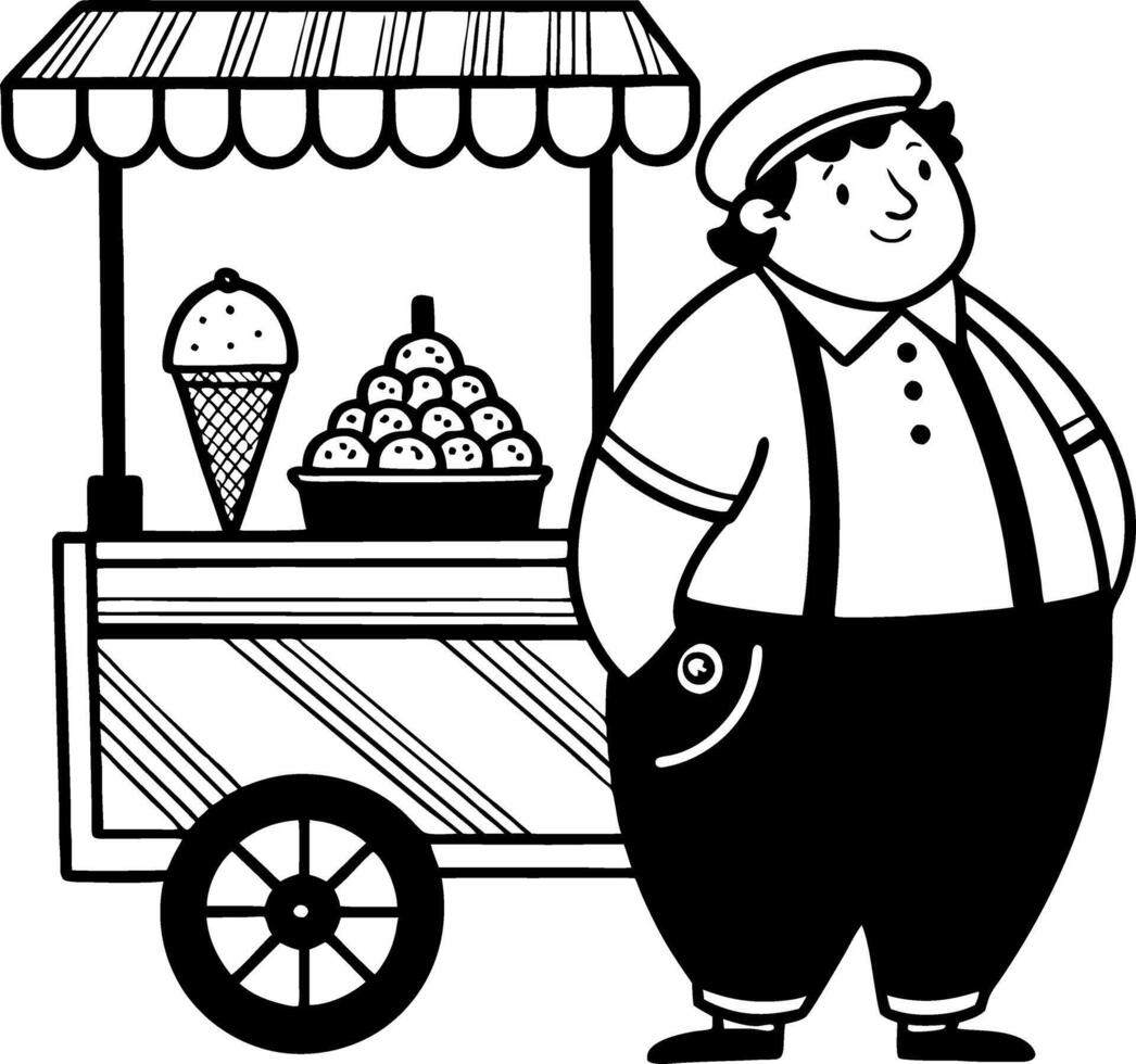 Charming Vintage Ice Cream Vendor with Cart and Delicious Treats in Black and White Outline vector