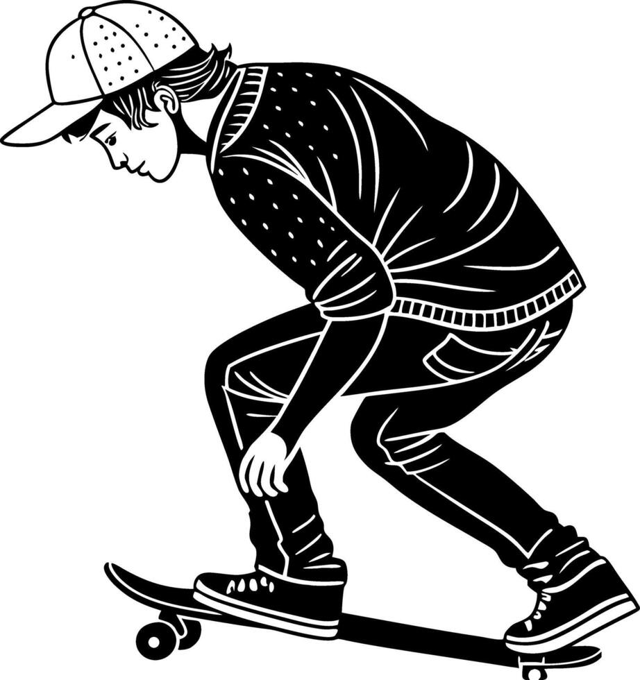 Dynamic Skateboarder in Motion Stylish Silhouette Illustration Perfect for Apparel and Decor vector