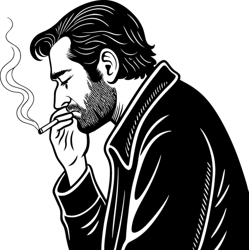 Stylized Profile of a Serious Man Smoking a Cigarette in a Leather Jacket vector
