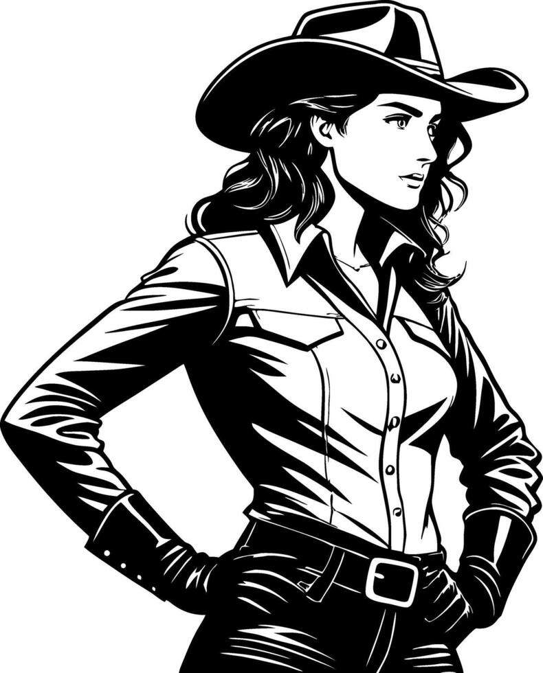 Confident Cowgirl Woman in Western Attire with Hat Standing Strong vector
