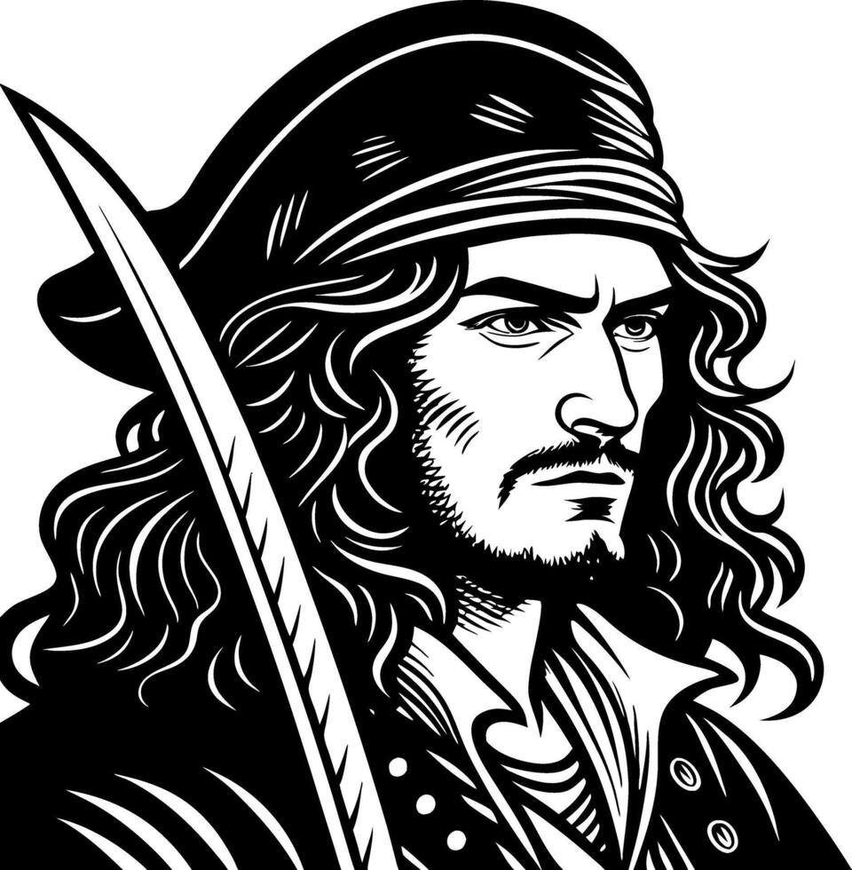 Legendary Pirate Portrait with Sword Ideal for Tattoos and Graphic Design Projects vector