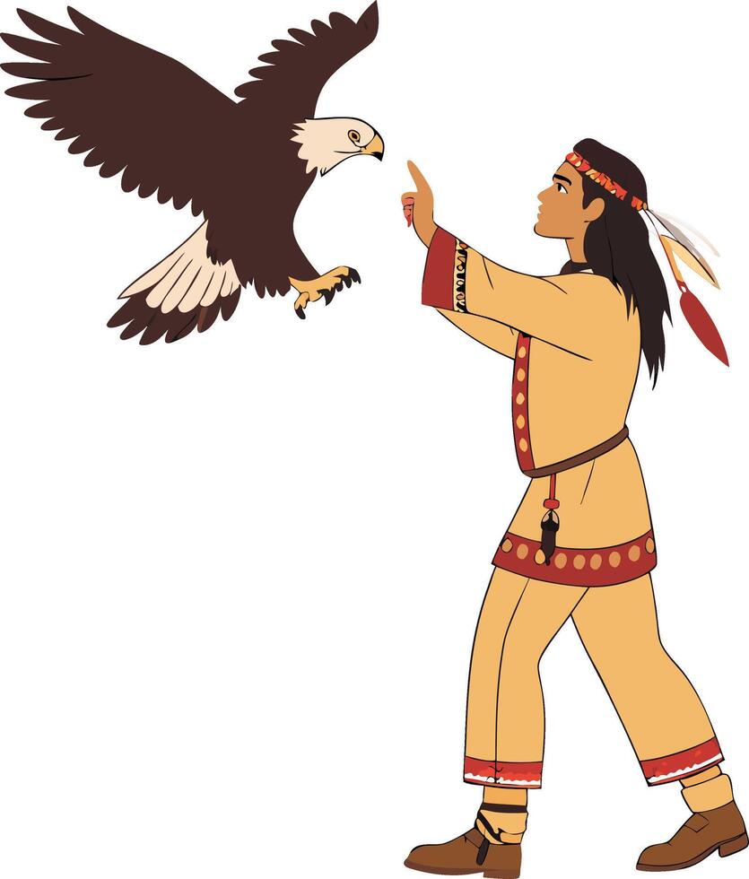 Indigenous Man Interacting with Majestic Eagle Art for Nature Themes and Symbolism vector