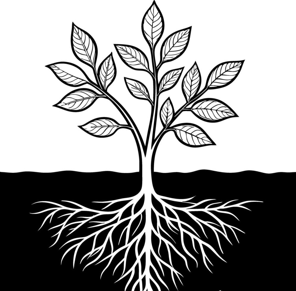 Detailed Black and White Tree Illustration with Roots and Leaves Ideal for Tattoo Design and Art Projects vector