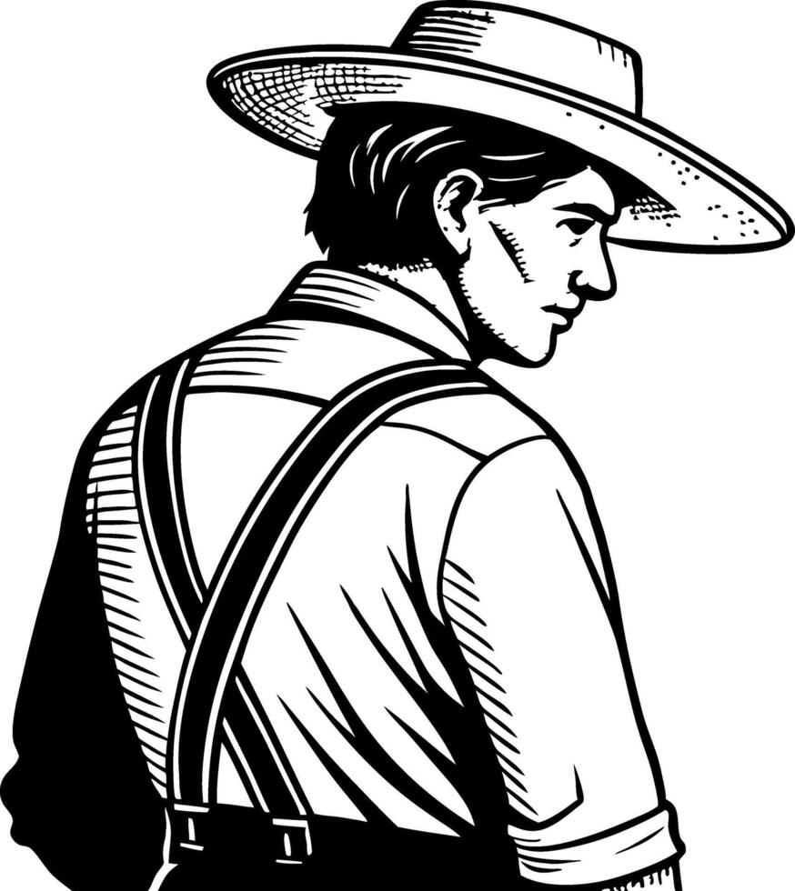 Vintage Farmer Illustration with Wide Brim Hat and Suspenders for Rustic Decor and Tattoo Design vector