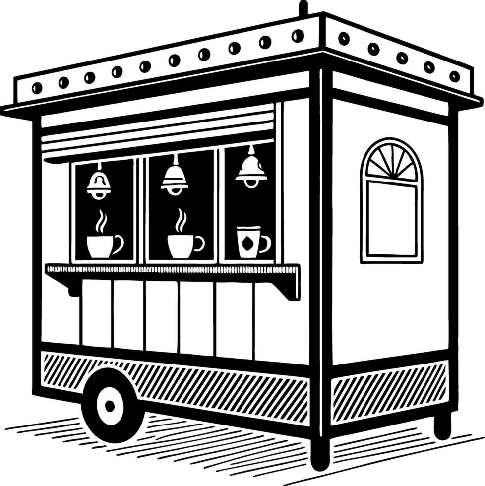 Coffee Cart Vintage Style Mobile Cafe with Coffee Cups and Bells for Design Projects vector