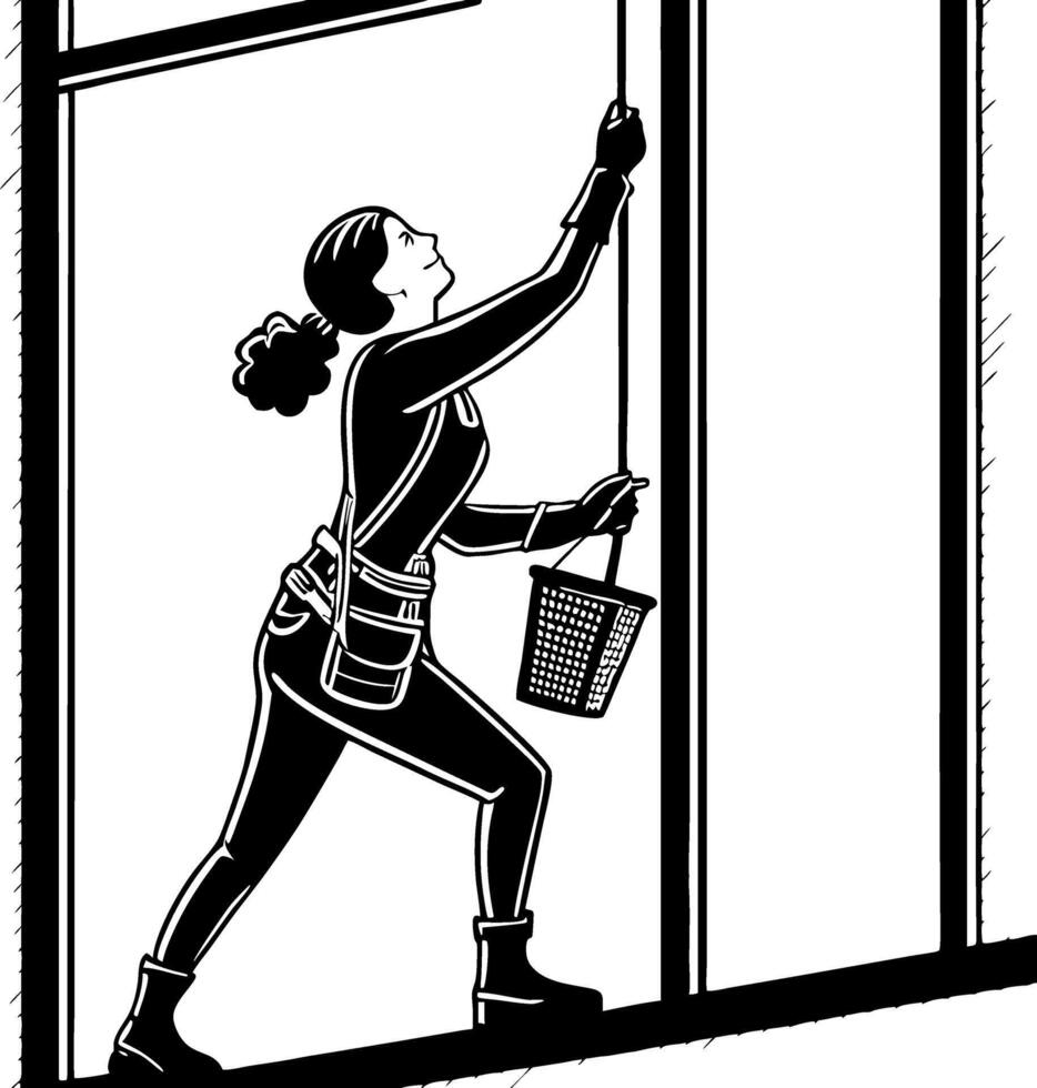 Window Cleaner Silhouette Woman Balancing on Ledge with Bucket for Cleaning Services Illustration vector
