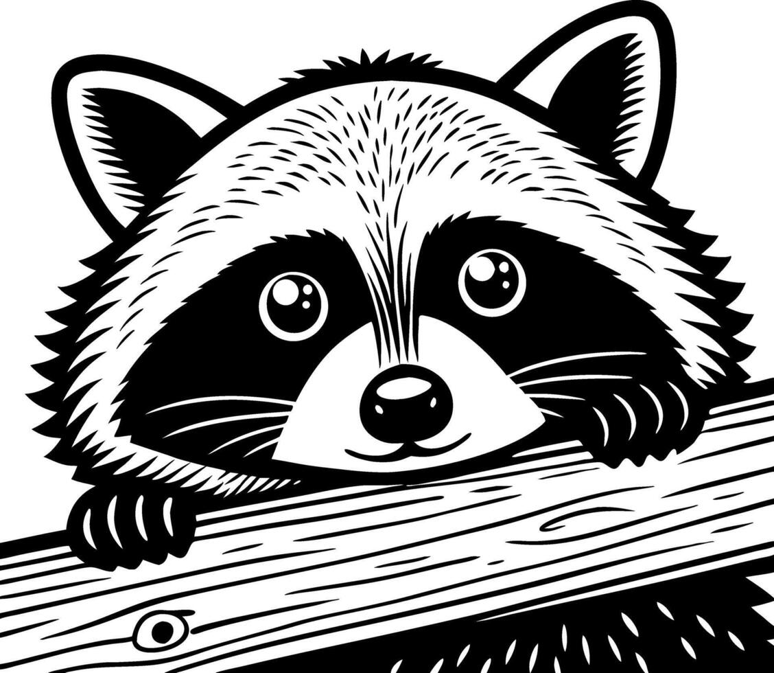 Cute Raccoon Face Peeking Over a Log Ideal for Childrens Coloring Books and Tattoo Designs vector