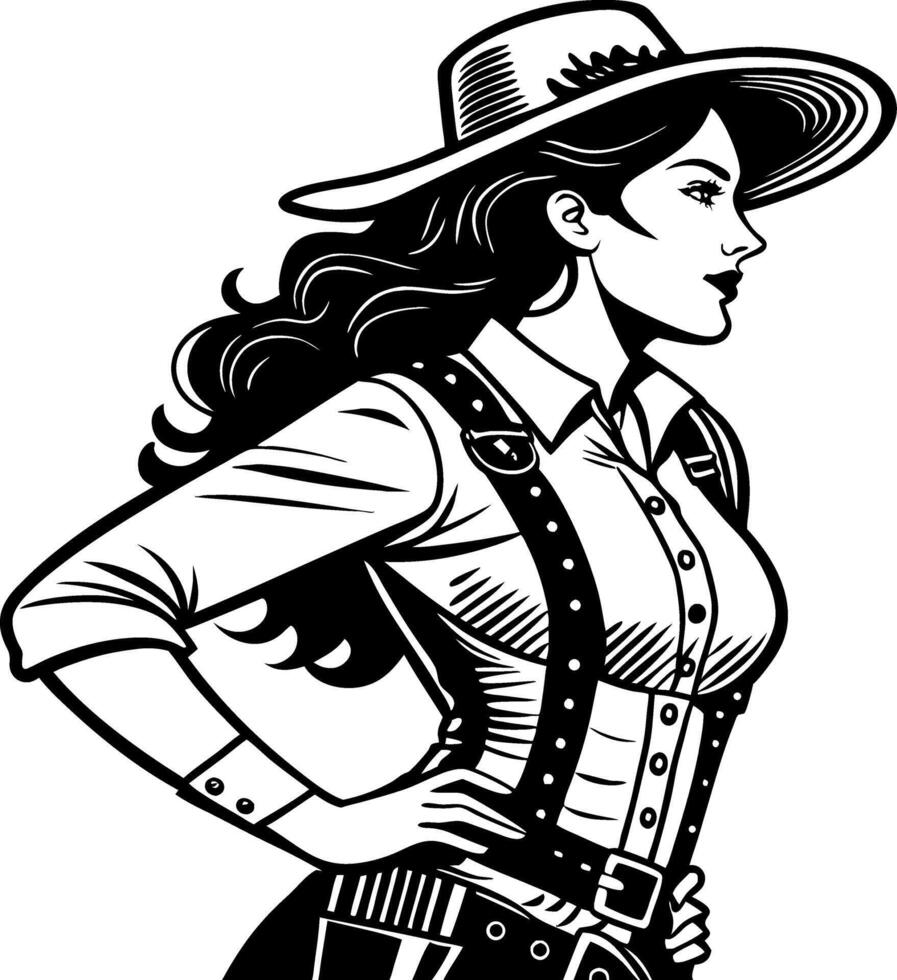 Confident Cowgirl Illustration with Detailed Western Attire Perfect for Tattoo and Coloring Designs vector