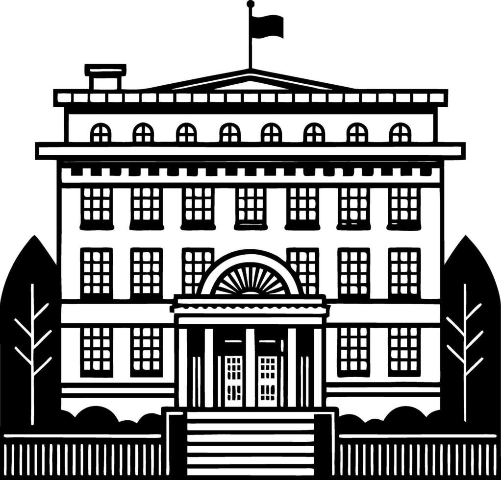 Classic Architectural Building with Flag and Garden Detailing for Educational and Creative Projects vector
