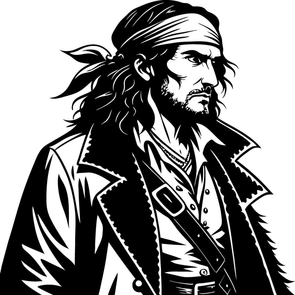 Bold Pirate Portrait with Long Hair and Bandana Perfect for Tattoo Design and Illustrations vector