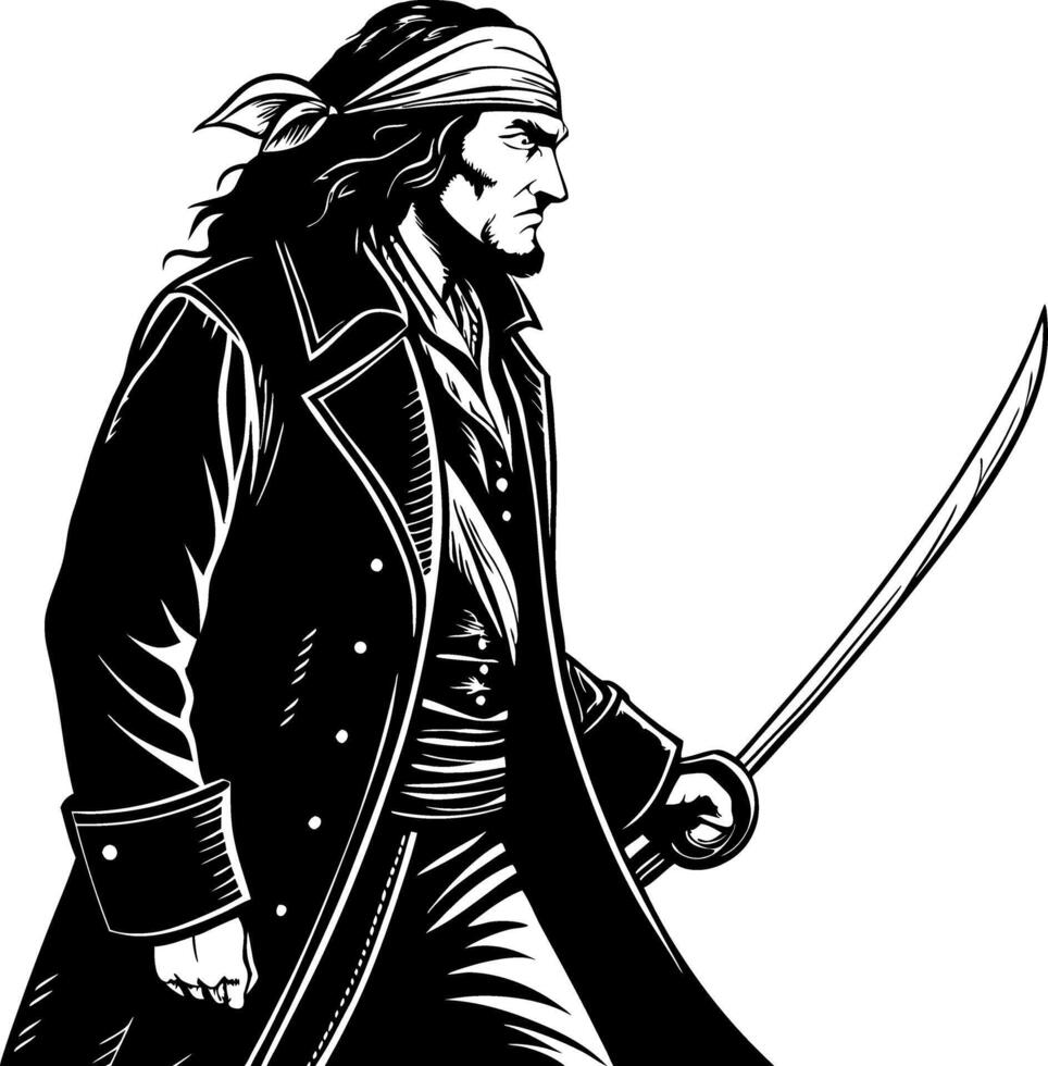 Bold Pirate Character with Sword and Bandana for Tattoo Design and Graphic Illustrations vector