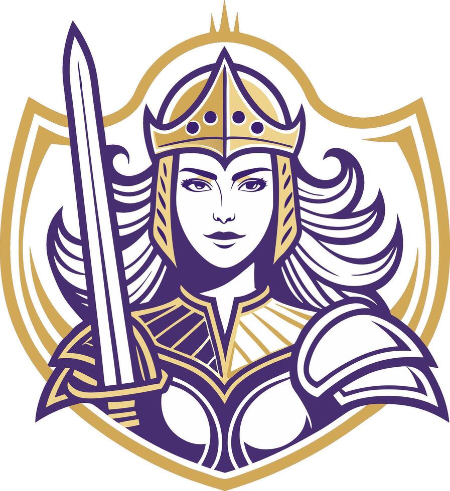 Powerful Female Warrior Illustration with Sword and Shield Ideal for Tattoos and Merchandise vector