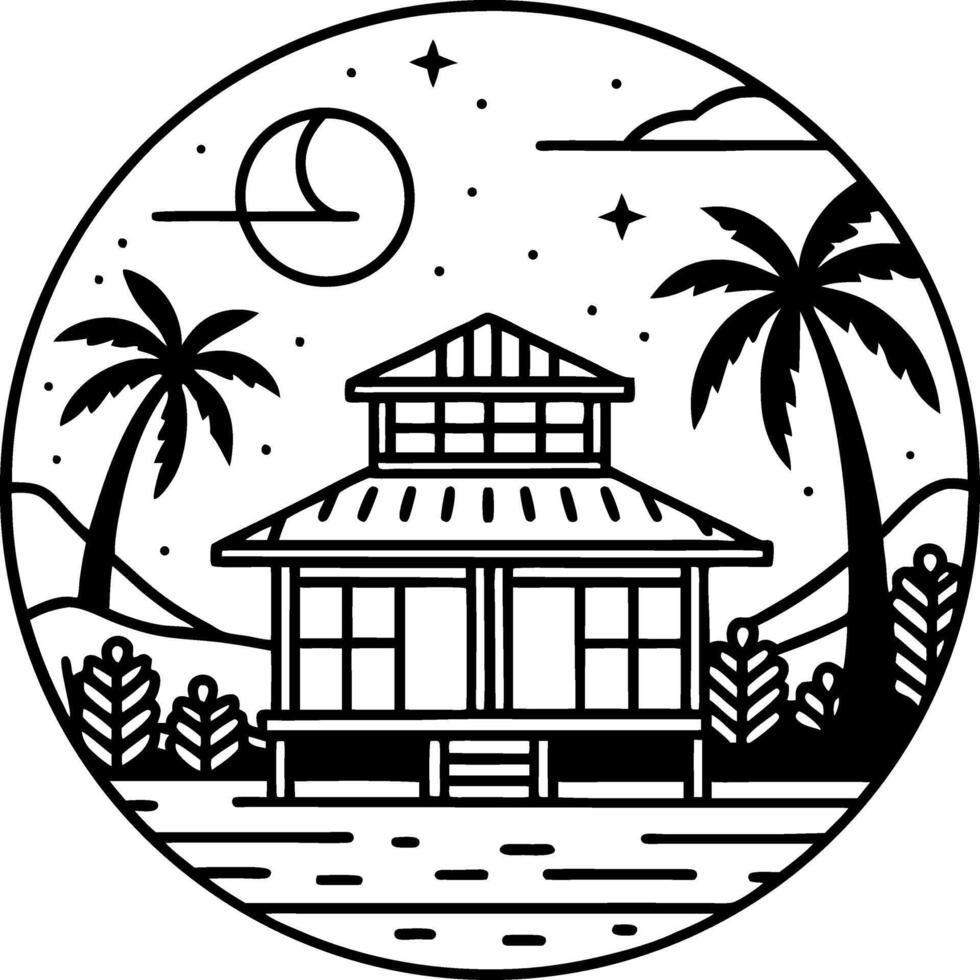 Tropical House In Nature Scene With Moon Palm Trees Mountain Design For Tattoo Or Coloring Book vector