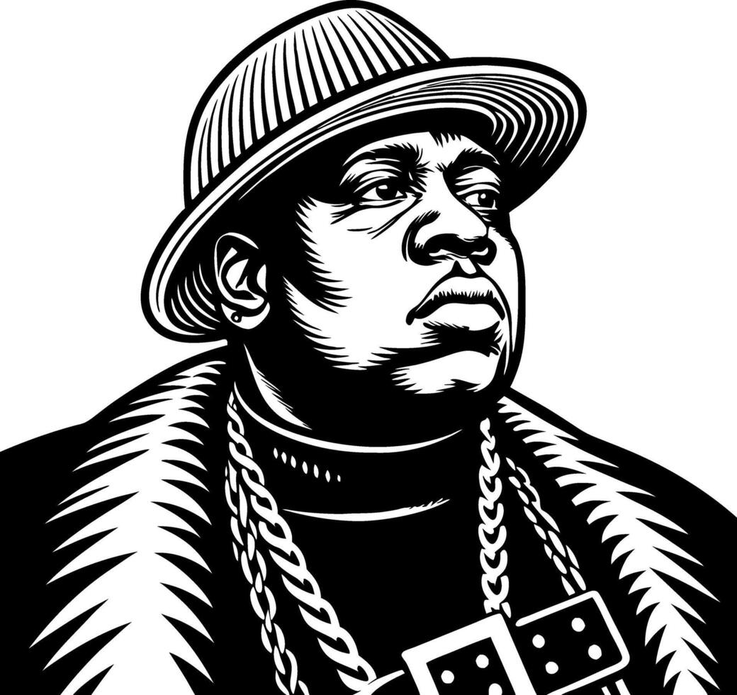 Bold Black and White Portrait of a Hip Hop with Stylish Hat and Chains for Design Projects vector