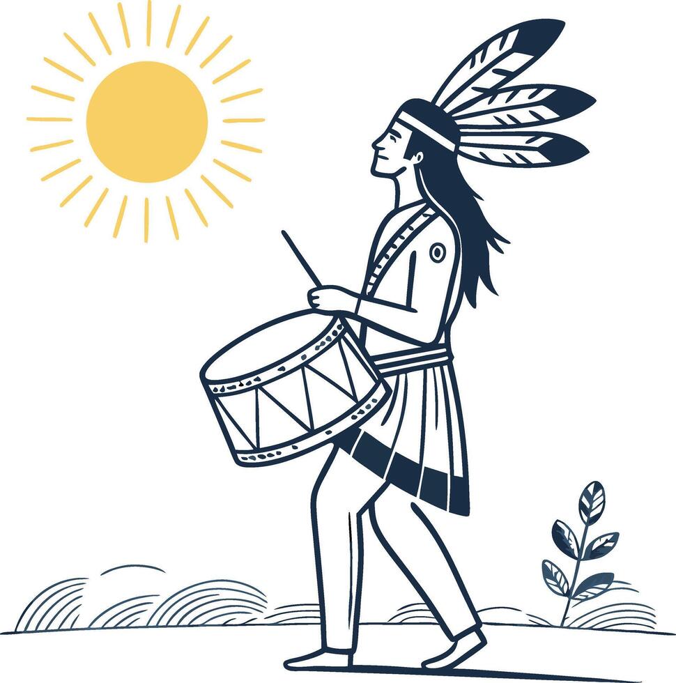 Native American Drummer Playing Under the Sun with Vibrant Feathers and Drum vector